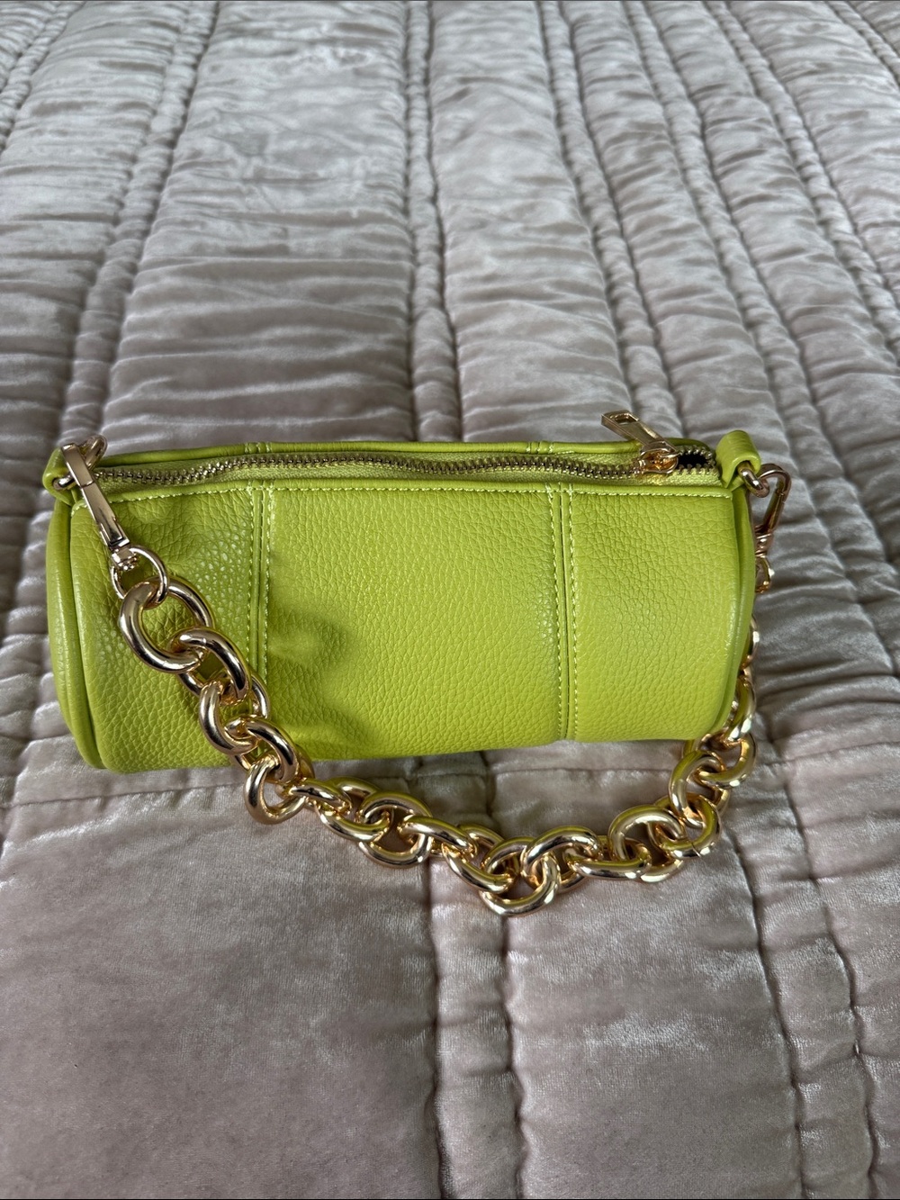 Lime Green Leather Chain-Handle Barrel Bag